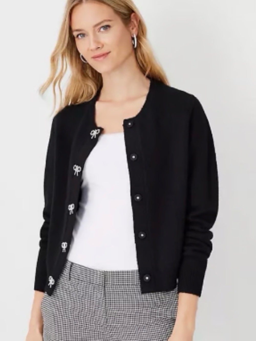 Ann Taylor Black Crewneck Button-Up Cardigan